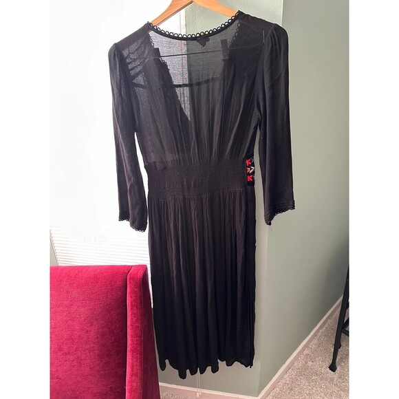 Free People Long Dress Black Embroidered Floral Boho Sleeve Peasant Side Split - Picture 3 of 5